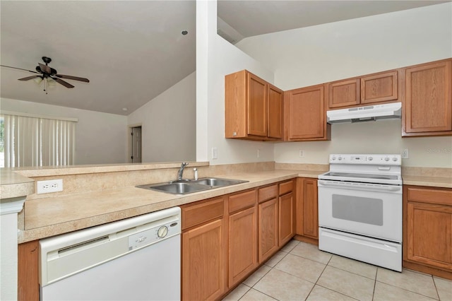 15711 SW 52nd Avenue Rd, Ocala, FL 34473 - kitchen with white appliances, lofted ceiling, under cabinet range hood, a ceiling fan, and light countertops