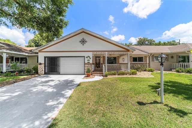 8881 SW 94th St Unit E, Ocala, FL 34481 - ranch-style home with covered porch, stone siding, a garage, a front lawn, and concrete driveway