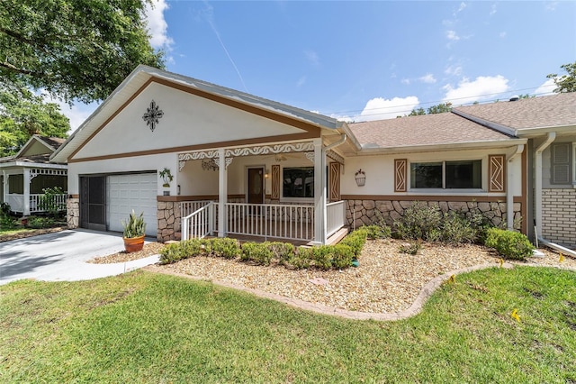 8881 SW 94th St Unit E, Ocala, FL 34481 - single story home featuring stone siding, a porch, an attached garage, concrete driveway, and stucco siding
