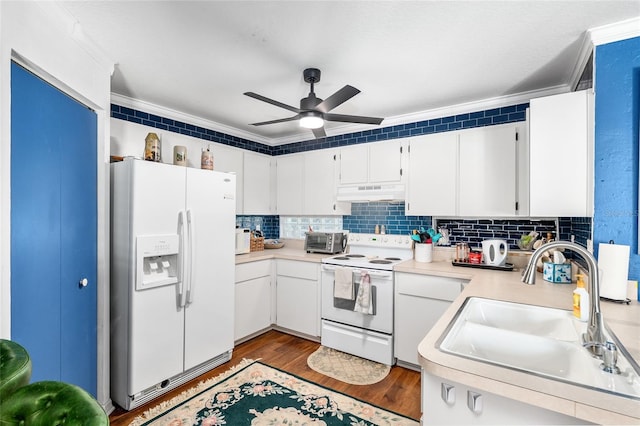 7242 SW 115th Pl, Ocala, FL 34476 - kitchen with white appliances, under cabinet range hood, light countertops, backsplash, and ceiling fan