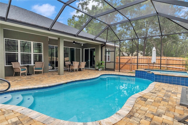 3196 W Mustang Blvd, Beverly Hills, FL 34465 - view of swimming pool with a ceiling fan, a patio, a lanai, outdoor dining area, and a pool with connected hot tub
