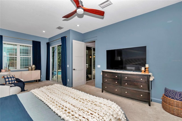 3196 W Mustang Blvd, Beverly Hills, FL 34465 - bedroom with light colored carpet, access to outside, a ceiling fan, and recessed lighting