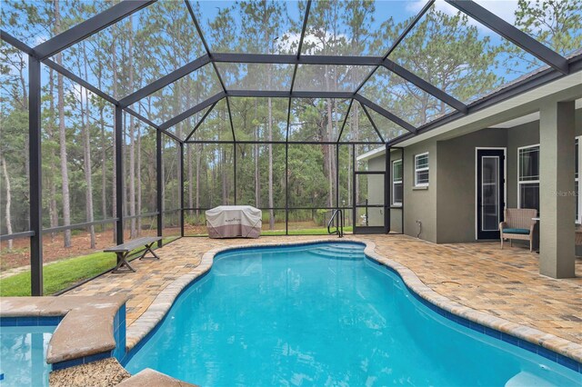 3196 W Mustang Blvd, Beverly Hills, FL 34465 - swimming pool with a patio area, glass enclosure, and a grill