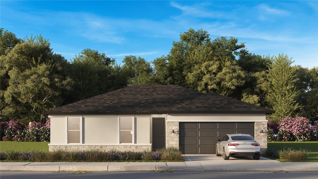 4270 SW 128th Pl, Ocala, FL 34473 - view of front facade with roof with shingles, stone siding, an attached garage, and driveway
