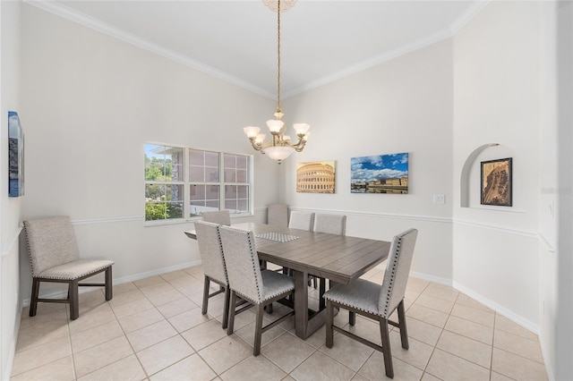 7220 NW 83rd Ter, Ocala, FL 34482 - dining room with a chandelier, light tile patterned floors, crown molding, and a towering ceiling