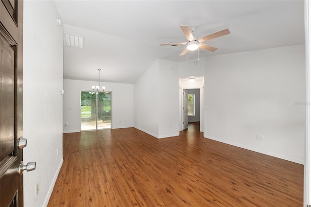 5740 NW 61st St, Ocala, FL 34482 - unfurnished room with a chandelier, wood finished floors, a ceiling fan, and lofted ceiling