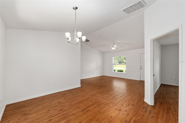 5740 NW 61st St, Ocala, FL 34482 - unfurnished room with light wood-style flooring, lofted ceiling, ceiling fan, and a chandelier
