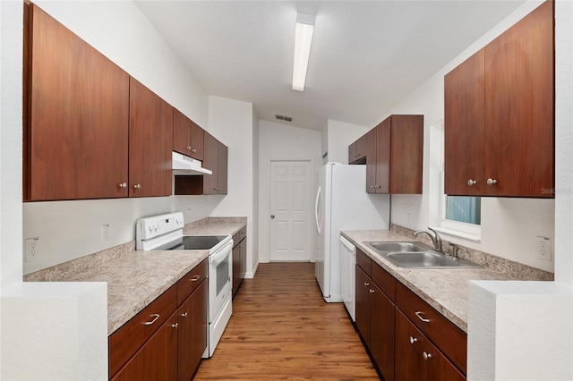 5740 NW 61st St, Ocala, FL 34482 - kitchen with white appliances, under cabinet range hood, lofted ceiling, light wood-style flooring, and light countertops