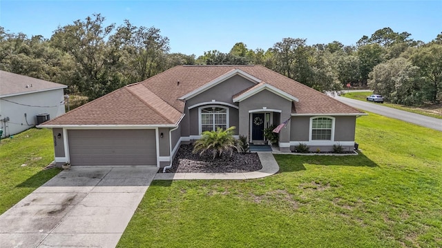 6362 N Walter Ter, Citrus Springs, FL 34434 - ranch-style house with stucco siding, an attached garage, driveway, a front lawn, and roof with shingles