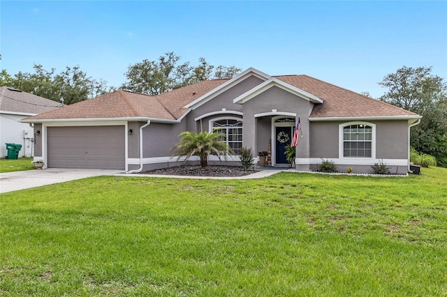 6362 N Walter Ter, Citrus Springs, FL 34434 - ranch-style house with stucco siding, an attached garage, a front yard, concrete driveway, and roof with shingles