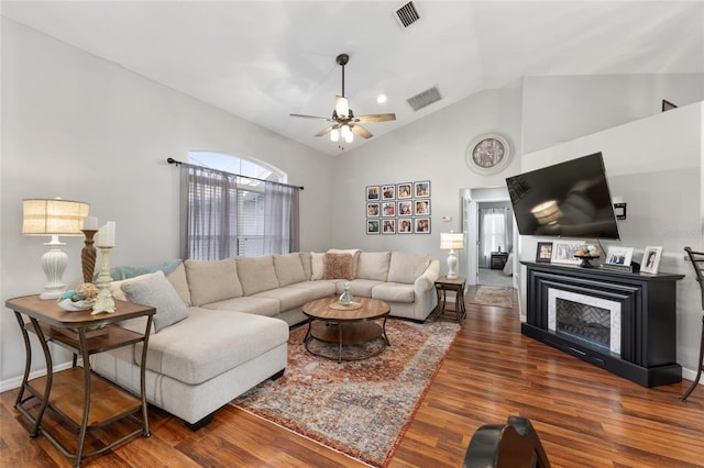 6362 N Walter Ter, Citrus Springs, FL 34434 - living room featuring lofted ceiling, wood finished floors, and a ceiling fan