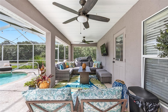 6362 N Walter Ter, Citrus Springs, FL 34434 - view of patio / terrace featuring an outdoor living space, area for grilling, ceiling fan, an outdoor pool, and glass enclosure