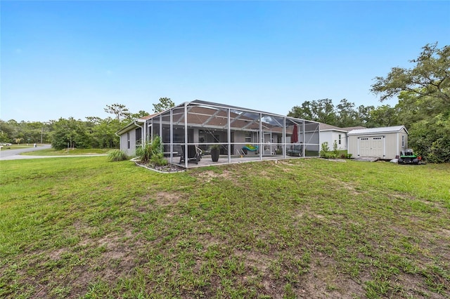 6362 N Walter Ter, Citrus Springs, FL 34434 - back of property with a shed, a lawn, and a lanai