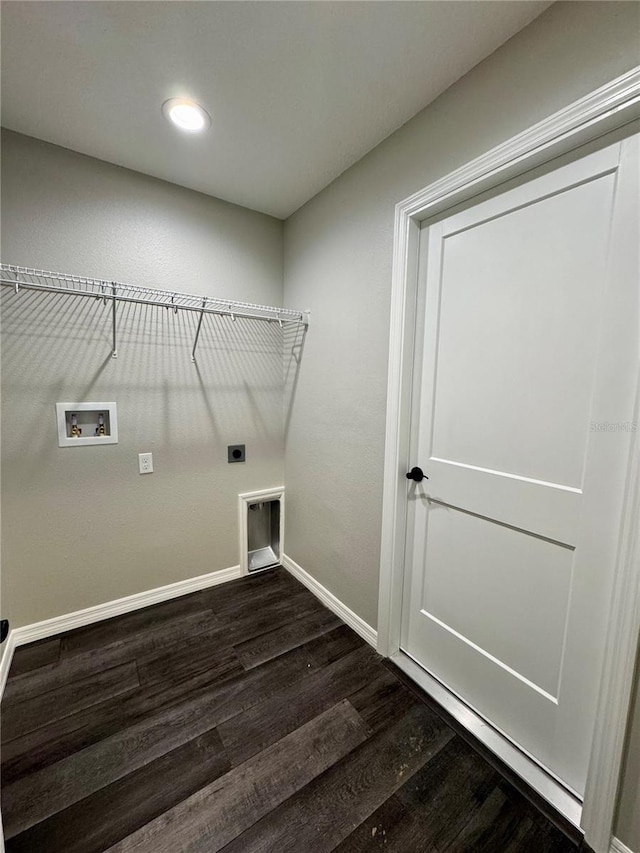 13305 SW 114th Pl, Dunnellon, FL 34432 - laundry area featuring dark wood-type flooring, electric dryer hookup, washer hookup, and recessed lighting