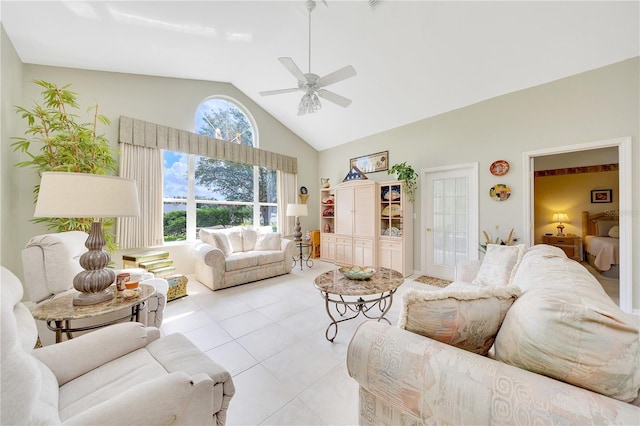 6330 SW 117th Loop, Ocala, FL 34476 - tiled living room with a ceiling fan and high vaulted ceiling