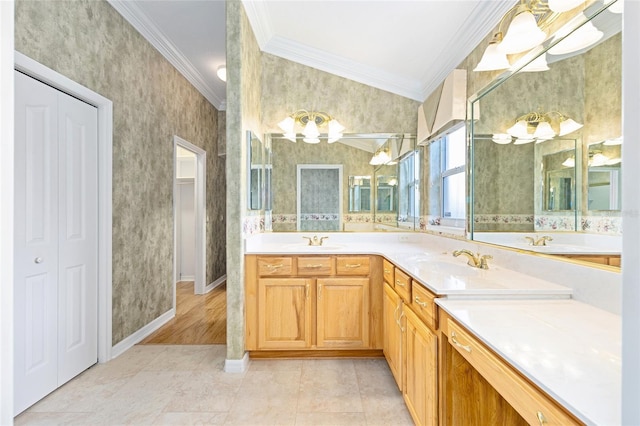 7243 SE 172nd Legacy Ln, The Villages, FL 32162 - full bath with crown molding, wallpapered walls, a chandelier, a closet, and double vanity