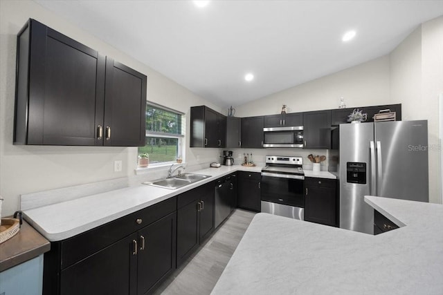 13479 SW 100th Ln, Dunnellon, FL 34432 - kitchen featuring appliances with stainless steel finishes, dark cabinets, light wood-style flooring, vaulted ceiling, and light countertops
