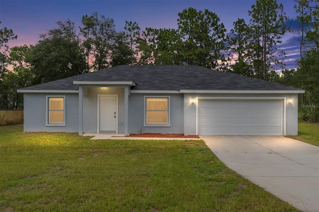 5 Water Pass, Ocala, FL 34472 - ranch-style house featuring an attached garage, driveway, a front lawn, stucco siding, and roof with shingles