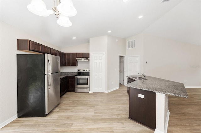 5 Water Pass, Ocala, FL 34472 - kitchen with appliances with stainless steel finishes, lofted ceiling, under cabinet range hood, dark brown cabinetry, and light wood-style flooring