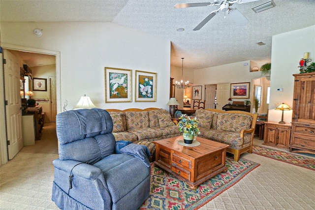 3146 Williams Rd, The Villages, FL 32162 - living area with light carpet, a chandelier, ceiling fan, vaulted ceiling, and a textured ceiling
