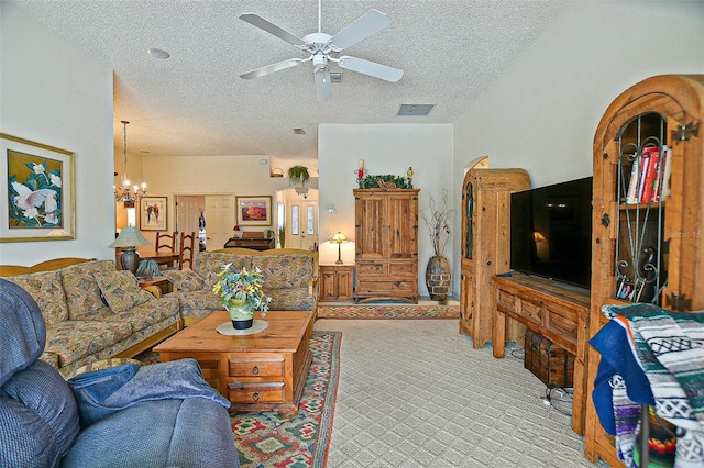 3146 Williams Rd, The Villages, FL 32162 - living room featuring a textured ceiling, a chandelier, a ceiling fan, and carpet floors