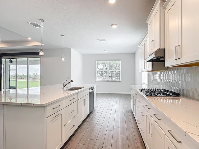 7067 SW 60th Ln, Ocala, FL 34474 - kitchen with stainless steel appliances, under cabinet range hood, a center island with sink, recessed lighting, and hanging light fixtures