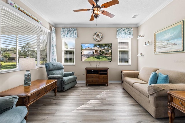 9926 SW 95th Loop, Ocala, FL 34481 - living area with healthy amount of natural light, a ceiling fan, crown molding, a textured ceiling, and wood finished floors