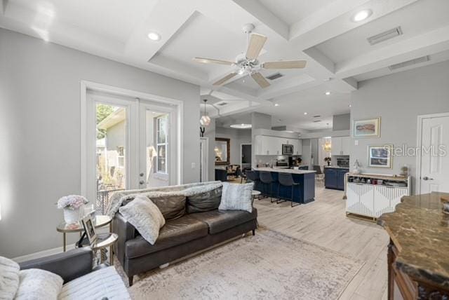 2418 SE 22nd Pl, Ocala, FL 34471 - living room with coffered ceiling, light wood-style flooring, ceiling fan, beam ceiling, and french doors