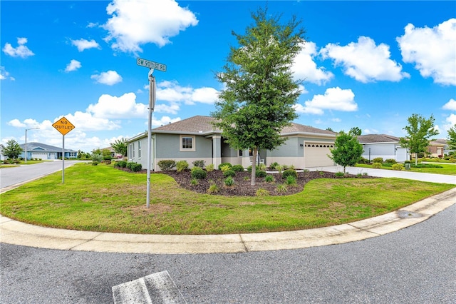10597 SW 90th Street Rd, Ocala, FL 34481 - ranch-style house with driveway, a front lawn, an attached garage, a residential view, and stucco siding