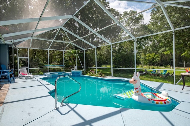 3549 SE 41st Pl, Ocala, FL 34480 - view of swimming pool featuring a patio, glass enclosure, view of scattered trees, and a pool with connected hot tub