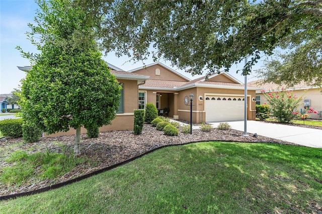 9222 SW 97th Cir, Ocala, FL 34481 - ranch-style house with stucco siding, a garage, driveway, and a front lawn