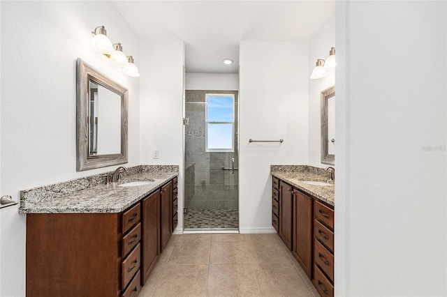 9222 SW 97th Cir, Ocala, FL 34481 - bathroom with a shower stall, two vanities, tile patterned flooring, and recessed lighting