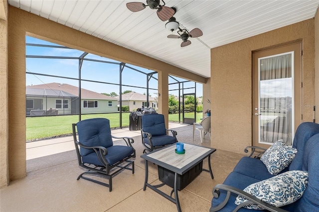 9222 SW 97th Cir, Ocala, FL 34481 - sunroom featuring a ceiling fan, a residential view, and an outdoor hangout area