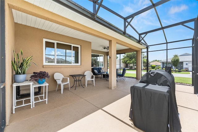 9222 SW 97th Cir, Ocala, FL 34481 - view of patio / terrace featuring an outdoor hangout area, ceiling fan, area for grilling, and a lanai