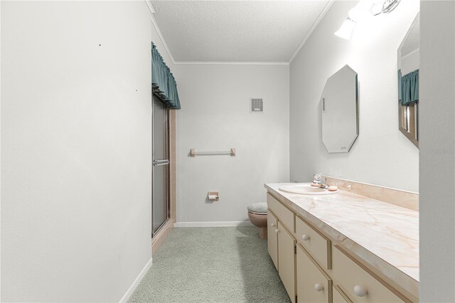 8830 SW 98th Pl Unit M, Ocala, FL 34481 - bathroom with vanity, a textured ceiling, crown molding, and an enclosed shower