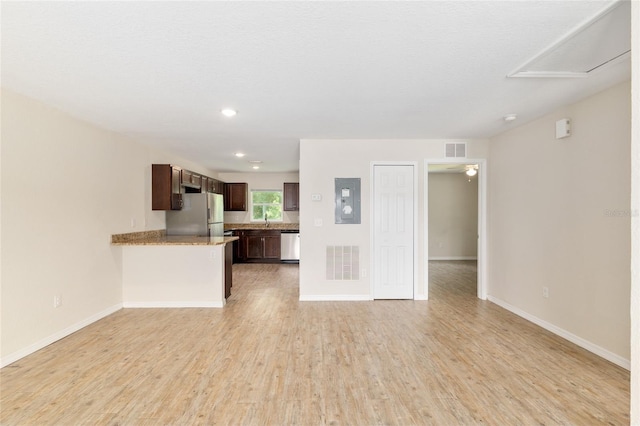 2139 NE 78th Ln, Ocala, FL 34479 - unfurnished living room with light wood finished floors, electric panel, and recessed lighting