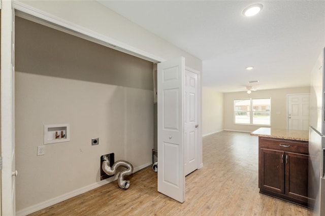 2139 NE 78th Ln, Ocala, FL 34479 - laundry area featuring electric dryer hookup, hookup for a washing machine, light wood-type flooring, recessed lighting, and a ceiling fan