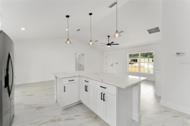 36 Pine Radl, Ocala, FL 34472 - kitchen with stainless steel fridge with ice dispenser, light marble finish floors, vaulted ceiling, light stone countertops, and ceiling fan
