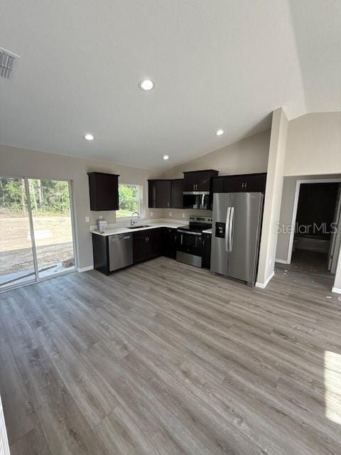 2350 SW 150th Ct, Ocala, FL 34481 - kitchen featuring appliances with stainless steel finishes, vaulted ceiling, light countertops, light wood-style flooring, and dark cabinetry