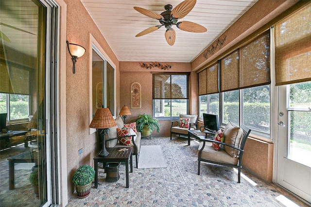 13170 SE 92nd Court Rd, Summerfield, FL 34491 - sunroom featuring ceiling fan, a textured wall, and wood ceiling