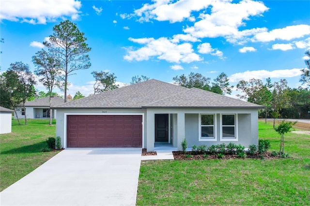 2850 W Camilo Dr, Citrus Springs, FL 34434 - ranch-style home featuring an attached garage, concrete driveway, stucco siding, a shingled roof, and a front lawn