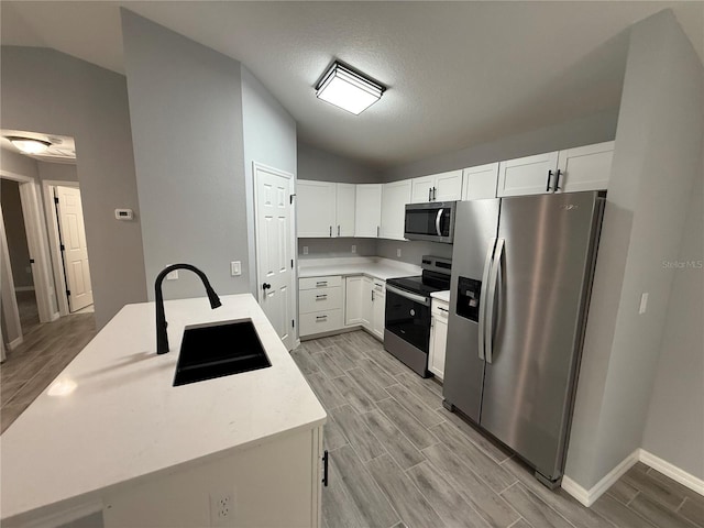 5 Laurel Pass Ln, Ocala, FL 34472 - kitchen with appliances with stainless steel finishes, lofted ceiling, wood tiled floors, white cabinets, and a textured ceiling