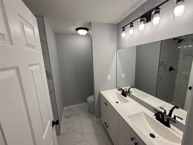 5 Laurel Pass Ln, Ocala, FL 34472 - full bath featuring marble finish floors, tiled shower, double vanity, and a textured ceiling