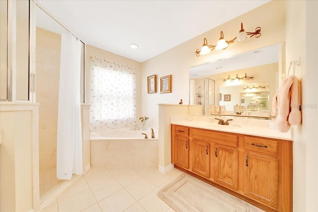 5459 SW 86th St, Ocala, FL 34476 - bathroom featuring a bath, vanity, a shower stall, and tile patterned floors