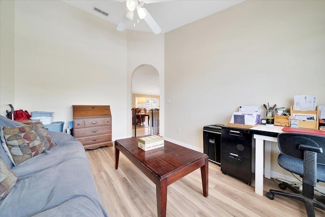 5459 SW 86th St, Ocala, FL 34476 - office with arched walkways, ceiling fan, light wood-style flooring, and a high ceiling