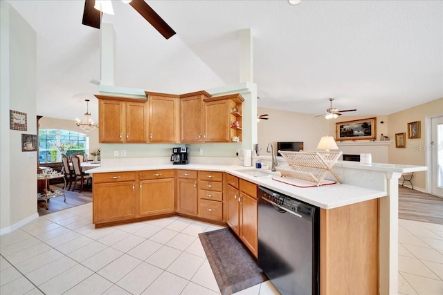 5459 SW 86th St, Ocala, FL 34476 - kitchen with black dishwasher, ceiling fan, a peninsula, light countertops, and lofted ceiling