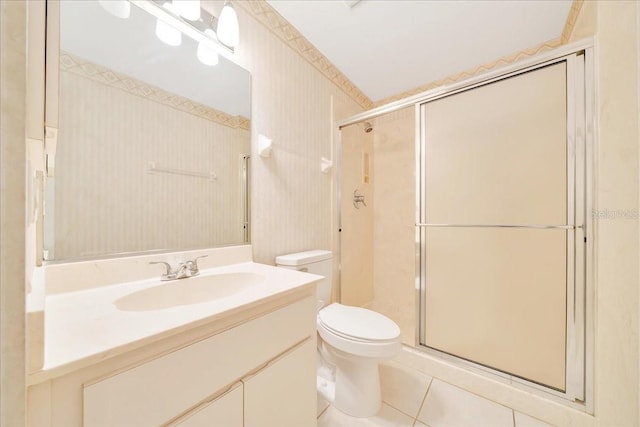 6631 SE 11th Loop, Ocala, FL 34472 - bathroom with a stall shower, vanity, tile patterned flooring, and wallpapered walls