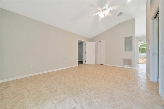 6631 SE 11th Loop, Ocala, FL 34472 - unfurnished room with electric panel, vaulted ceiling, and ceiling fan
