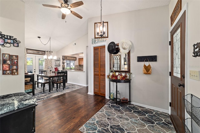 501 Marion Oaks Dr, Ocala, FL 34473 - entrance foyer featuring a chandelier, a ceiling fan, dark wood-type flooring, and lofted ceiling
