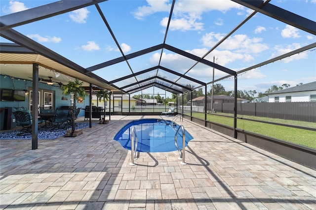 501 Marion Oaks Dr, Ocala, FL 34473 - view of pool featuring a patio, ceiling fan, and glass enclosure